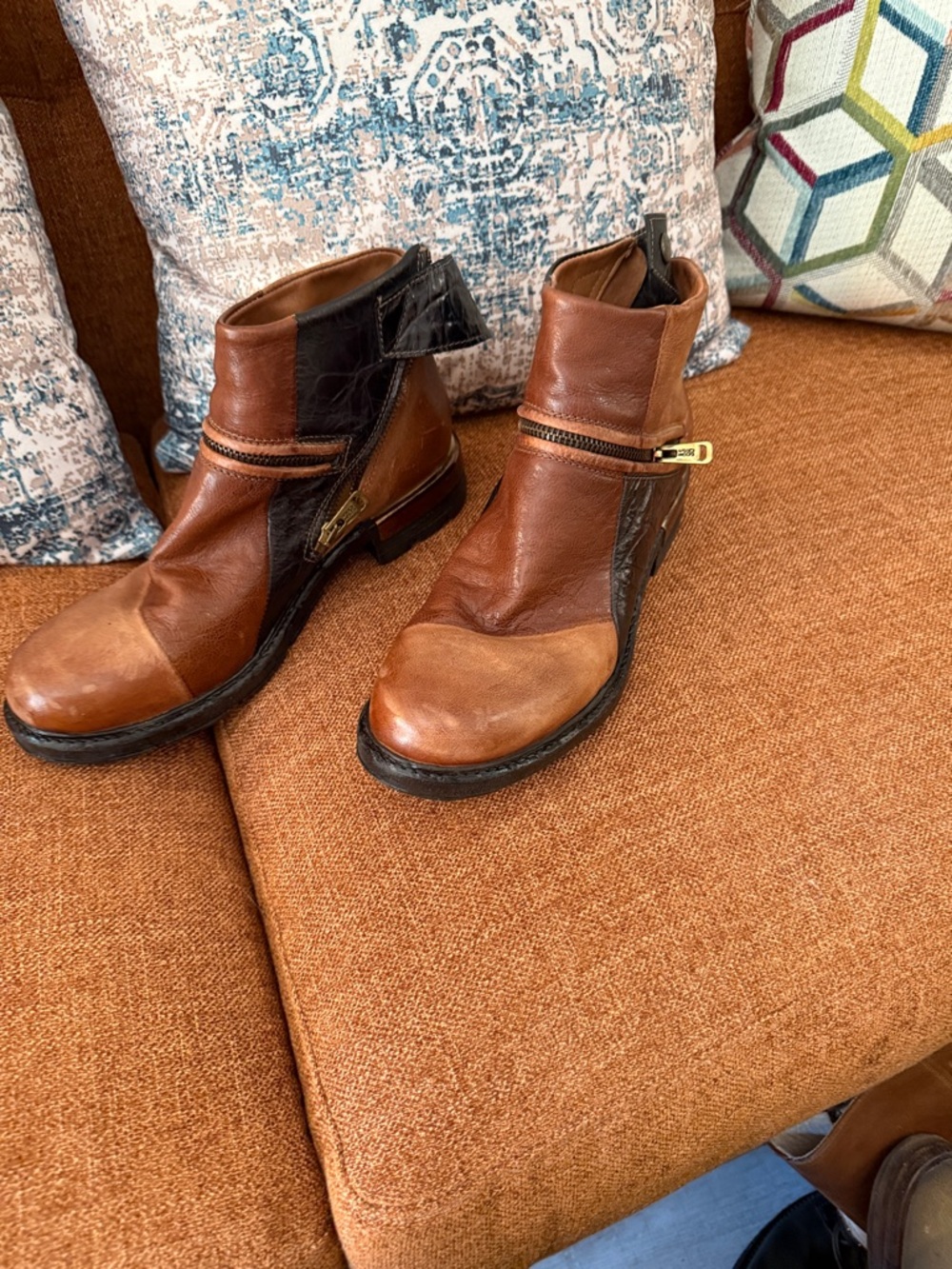 A.S.98  Three tone Brown Leather Ankle Boots with zippers. Like New